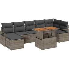 8-teiliges Garten Sofa Set mit Kissen Grau Poly Rattan Akazie, 2-Sitzer Garten Sofa mit Kissen Grau Poly Rattan Gartenlounge Modelis3349740