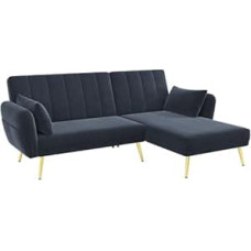 HAINEW Moderni 2 vietų L formos kampinė sofa su miego funkcija, skirta svetainei, butui, 191,5 x 130 x 80 cm, aksomo medžiaga, reguliuojamas atlošas, auksinės kojos (juoda)