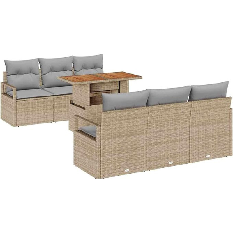 7-teiliges Garten-Sofa-Set mit Kissen Beige Poly Rattan Akazie Gartenlounge Modelis3349657