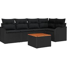 6-teiliges Garten-Sofa-Set mit Kissen Schwarz Poly-Rattan Akazie, 2-Sitzer Garten-Sofa mit Kissen Schwarz Poly-Rattan Gartenlounge Modelis3347457