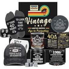 Amosking 40th Birthday Gifts for Men, Unique Gift Ideas for Men Who Have Everything, 1986 40 Year Old Gift Baskets for Men, Whiskey Glass, Baseball Cap, Candles, Socks