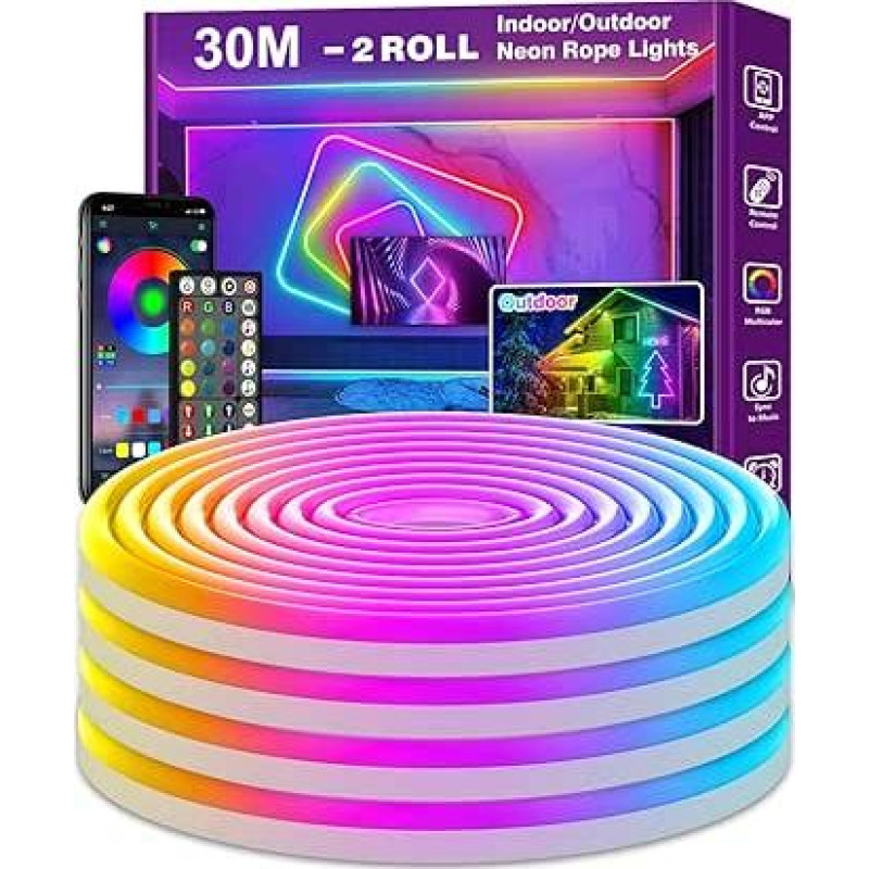 30 m neoninės virvės žibintai, valdymas naudojant programėlę / nuotolinį valdymą, lanksti LED virvės šviesa, keli režimai, IP65 lauko RGB neoniniai žibintai, atsparūs vandeniui