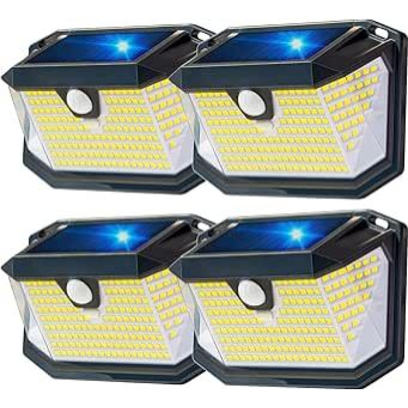 Saulės lempa lauke, 202 LED 270° saulės šviesos diodų lauko šviestuvas, 3 režimai su judesio jutikliu, IP65 vandeniui atspari saulės šviesos lempa sienai, stulpui, keliukui, sodui (4 vnt.)