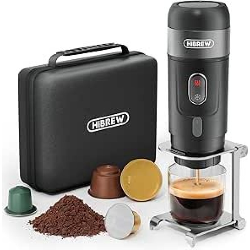 HIBREW H4A mini espreso kavos aparatas 3 in 1 12V, suderinamas su originaliomis Nes kapsulėmis, DG kapsulėmis ir malta kava, tinka biurams ir automobiliams (patobulintas metalinis rėmas)