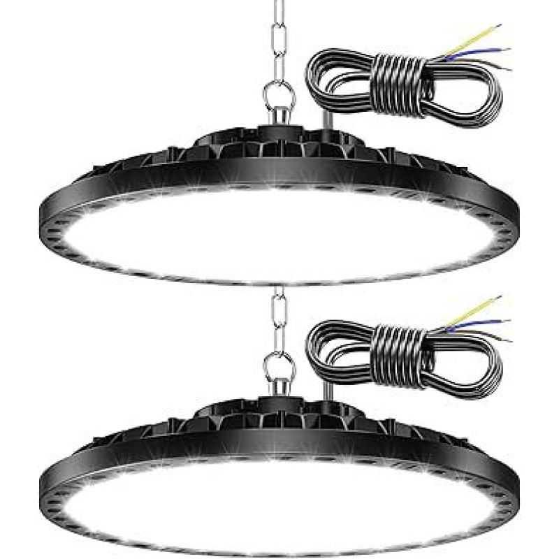 LED dirbtuvių lubų šviestuvas, 200 W, 2 vnt., 20 000 LM, 7000 K, UFO pramoninis šviestuvas, salės prožektorius, dirbtuvių šviestuvas, IP65 vandeniui atsparus rūsio šviestuvas, garažo šviestuvas, LED prožektorius gamykloms