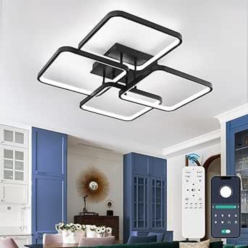 69 W 63 cm lubų šviestuvas, juodas, modernus svetainės kambario šviestuvas su nuotolinio valdymo pulteliu, 3000 K - 6500 K, 4 kvadratiniai miegamojo šviestuvai, LED lubų apšvietimas biurui, virtuvei, valgomajam