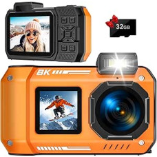 Povandeninis fotoaparatas, 8K UHD tvirtas vandeniui atsparus dulkėms atsparus smūgiams skaitmeninis fotoaparatas su 32GB kortele 70MP automatinio fokusavimo asmenukė su dviem ekranais 33 pėdų povandeninis fotoaparatas, skirtas nardymui, mėlynas