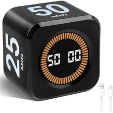 Cuteefun Cube Visual Timer, Rotating Pomodoro Timer, 5/10/25/50 Minutes & Custom Countdown, Mute and Ringer Mode, USB C Rechargeable, Timer for Kitchen, Black