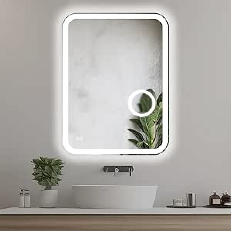 LED vonios veidrodis 60 x 80 cm su apšvietimu ir apsauga nuo rūko, vonios veidrodis su LED šviesa, sieninis veidrodis ir apšviestas makiažo veidrodis