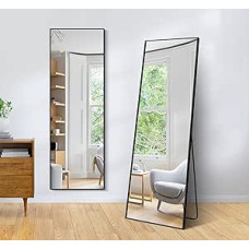 WOLIBEER pilno ilgio veidrodis 147 x 44 cm, stačiakampis pilno ilgio veidrodis su juodu aliuminio rėmu, sieninis veidrodis, stovintis veidrodis miegamajame, drabužinėje, sporto salėje, prieškambaryje