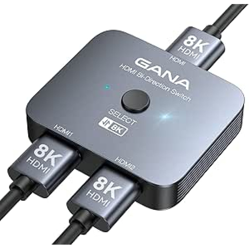 HDMI skirstytuvas 8K @ 60Hz 4K @ 120Hz, GANA HDMI 2.1 jungiklis, aliuminio dvikryptis HDMI jungiklis 2 in 1 Out arba 1 in 2 Out HDMI skirstytuvas, HDMI jungiklis palaiko 8K 4K PS5 HDTV Xbox
