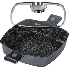 Kvadratinė keptuvė su dangčiu, nuimama rankena, liejamo aliuminio keptuvė, skirta indukcijai ir visoms kaitlentėms, nesvylanti danga su tikro akmens dalelėmis, pilka, STONELINE Smart Serving Pan 28 cm, pilka