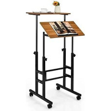 GIANTEX Sit-Stand Desk, Height-Adjustable, Computer Desk, Drawing Table with Wheels, Mobile Standing Desk with 2 Separate Workstation, PC Table, Work Table (Brown)