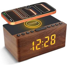 ANJANK Digital Radio Alarm Clock Made of Wood with Wireless Charging Station, 10 W Fast Wireless Charger for iPhone/Samsung Galaxy, LED Display with 5-Level Dimmer, USB Charging Port, Clock Radio without Ticking