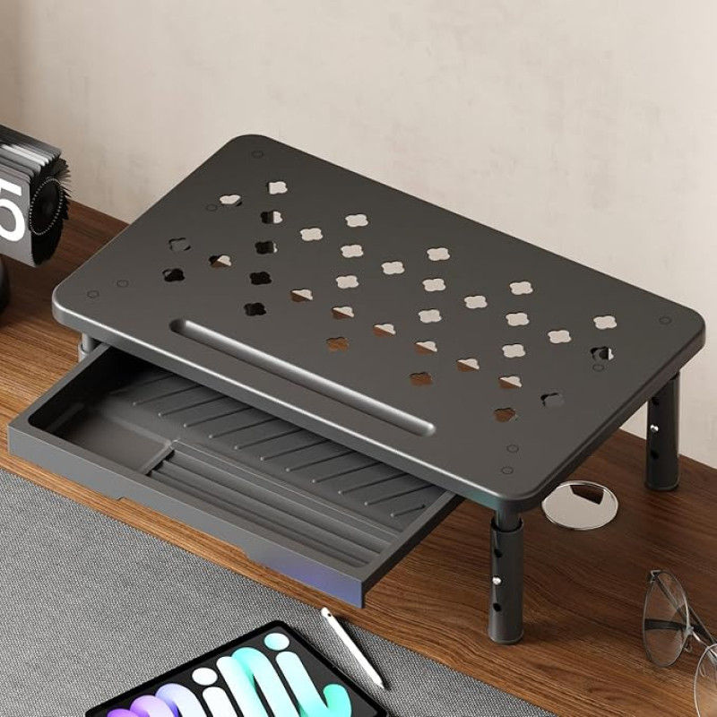 ETOFIXEE Monitoriaus stovas monitoriui, skirtas nešiojamajam kompiuteriui, 3 reguliuojamo aukščio su stalčiumi, pagamintas iš aukštos kokybės metalo Ergonomiškas ekrano stovas 