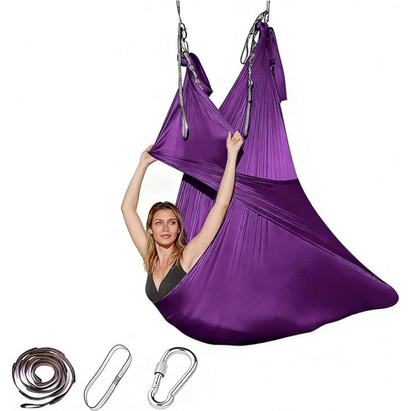 Oro sūpynių rinkinys namams, antigravitacinis hamakas su karabinais ir tvirtinimo įtaisais, prailginimo diržas, 200 kg apkrovos talpa, vidaus sūpynės (violetinės spalvos)