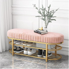 Gold Shoe Rack 2-Tier Velvet Shoe Bench Comfortable Entrance Organizer for Hallway Porch Shoe Storage