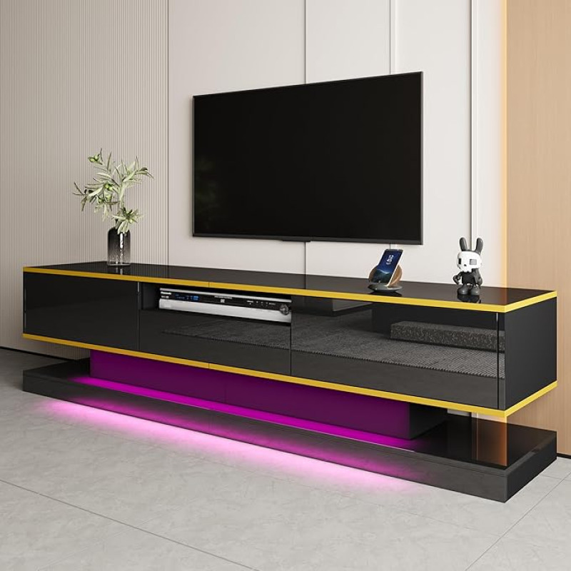 Gxffipw 180 cm ilgio TV spintelė, skirta televizoriams iki 75 colių, žemoji lentyna su spalvą keičiančiais LED žibintais ir 3 stalčiais, TV spintelė su 1 atviru skyriumi, svetainės baldų TV lenta, juoda