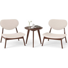 COSTWAY 3 dalių fotelis su staliuku, minkštas poilsio krėslas su medžio masyvo rėmu, nedidelis staliukas su 2 kėdėmis, svetainės, valgomojo, studijų kėdžių rinkinys (smėlio spalvos)