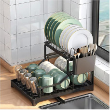 Indų džiovintuvas, 2 lygių indų krepšiai su didele talpa, skirti stalui su nusausinimo lenta, D 360° pasukamas snapelis, anglinio plieno indų nusausintuvas su nuimamu dangteliu