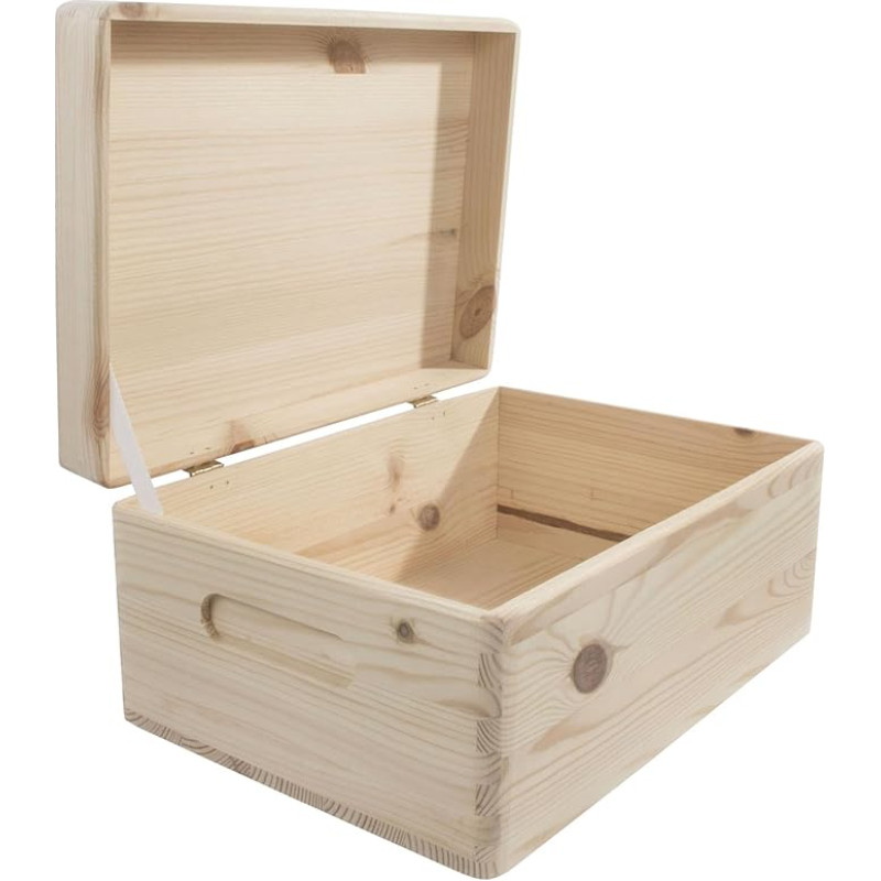 Medinė skrynia su dangčiu ir graviruotomis rankenomis, 29 x 21 x 13,5 cm, suapvalintais kampais, natūrali dekoratyvinė pušis, skirta amatams, dekupažui