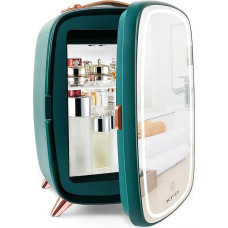 KFO mini kosmetinis šaldytuvas 6 l, itin tylus (20 dB), su LED veidrodžiu, skirtas odos priežiūrai ir makiažui, nedidelis šaldytuvas odos priežiūrai miegamajame ir vonios kambaryje (žalias LED)