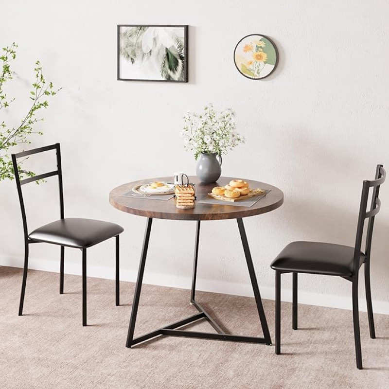 OPULENTHOME valgomojo stalo komplektas, virtuvės stalas ir kėdės 2 asmenims, apvalus valgomojo stalo komplektas su 2 minkštomis kėdėmis, 3 dalių virtuvės stalo komplektas mažoms erdvėms, butui, studijai, rudos spalvos