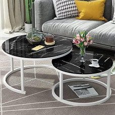 Round Stackable Coffee Table with Glass Top in Marble Effect - Nesting Tables for Home Office, Living Room or Lounge