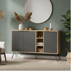 Dmora - Perseus Chest of Drawers, Living Room Buffet, Living Room Sideboard, Modern Kitchen Pantry, 142 x 36 x 83 cm, Oak and Anthracite
