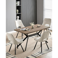 WAFTING valgomojo stalo ir kėdžių rinkinys, stačiakampis medinis valgomojo stalas 140 x 80 x 76 cm ir 4 modernios ažūrinės dirbtinio kašmyro kėdės valgomajam, virtuvei, svetainei, smėlio spalvos