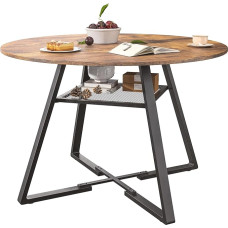 Round Dining Table 120cm Kitchen Table for 4-6 Seater Wooden Dining Table with Sturdy Metal Legs and Storage Antique Effect Wood Grain + Black (Round, 120 x 120 x 75 cm)