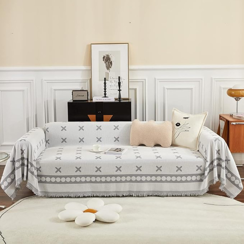 HANDONTIME Pilka sofos sėdynės dangteliai Geometriniai sofos dangteliai šunims Vaikams Tassel Chic Couch Cover pagalvėlė padengti plaunamas Chenille Sofa Slipcover už L formos storio minkštas minkštas Lint Free 180.3