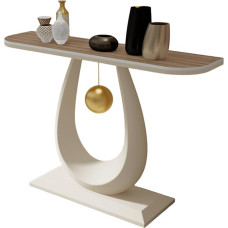 Schmaler Konsolentisch mit Rockboard-Platte und Eisengestell, elegantes weißes Holzdesign, abgerundete Kanten und geschwungene Seiten, elegante goldene Akzente für Eingangsbereich, Foyer, Fl