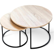 holz4home® Kavos staliukų rinkinys iš 2 MDF Sonoma ąžuolo I Apvalus industrinio stiliaus staliukas I Metalinis rėmas, dengtas milteliniu būdu I Svetainės staliukų derinys
