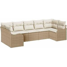 7-teiliges Garten Sofa Set mit Kissen Beige Poly Rattan, 2-Sitzer Garten Sofa mit Kissen Beige Poly Rattan Gartenlounge Modelis3345851