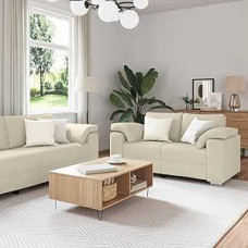 Cremefarbenes Leinenmischgewebe Sofa-Set, 3-teilig, Modernes Wohnzimmer Couch, Elegante Polstermöbel, Robuster Metall- & Sperrholzrahmen, Gemütliche Sitzecke für Zuhause
