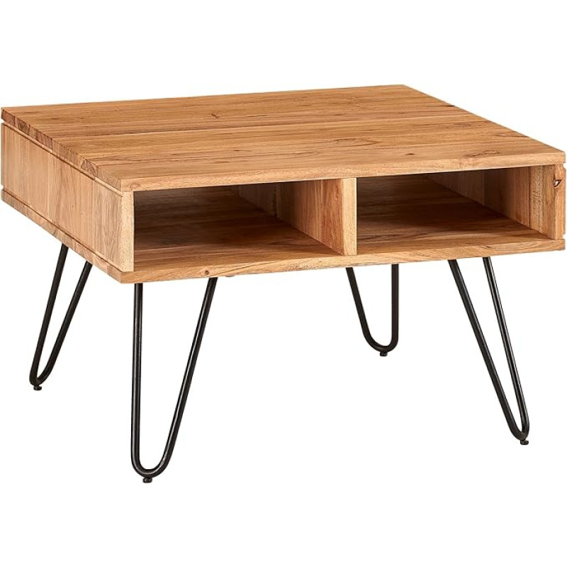 FineBuy Kvadratinis kavos staliukas 60 x 60 cm Akacijų medžio masyvo svetainės staliukas su metalinėmis plaukų segtuko kojelėmis ir 2 lentynomis saugojimui Pramoninio dizaino rankų darbo rudos spalvos