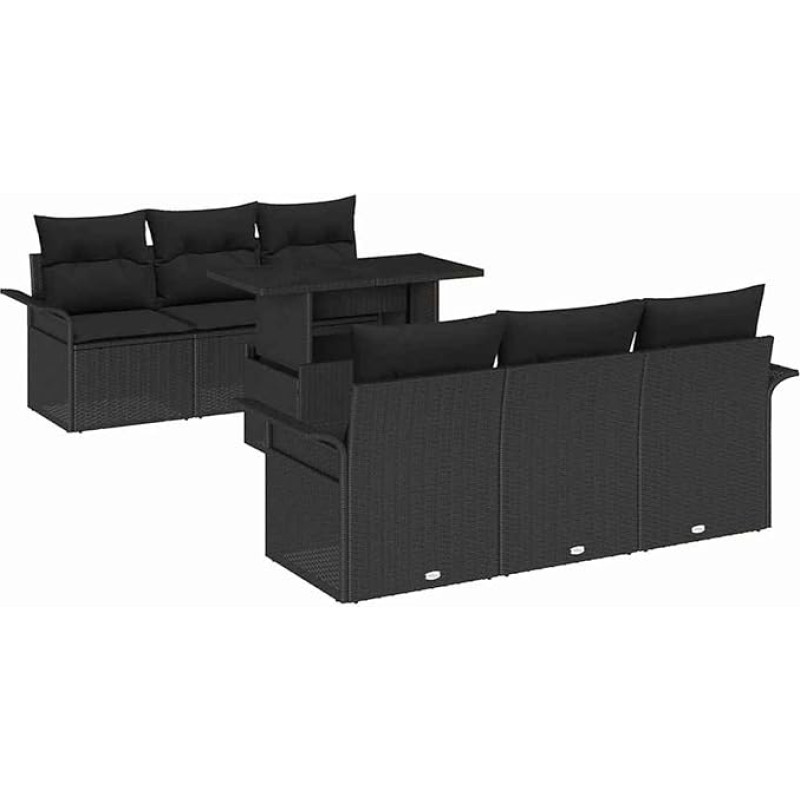 7-teiliges Garten Sofa Set mit Kissen Schwarz Poly Rattan, 2-Sitzer Garten Sofa mit Stauraum & Kissen Schwarz Poly Rattan Gartenlounge Modelis3356946