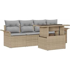 5-teiliges Garten-Sofa-Set mit Kissen Beige Poly-Rattan, 2-Sitzer Garten-Sofa mit Stauraum & Kissen Beige Poly-Rattan Gartenlounge Modelis3356923