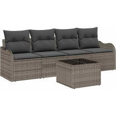 5-teiliges Garten-Sofa-Set mit Kissen Grau Poly Rattan, 2-Sitzer Garten-Sofa mit Stauraum & Kissen Grau Poly Rattan Gartenlounge Modelis3354238