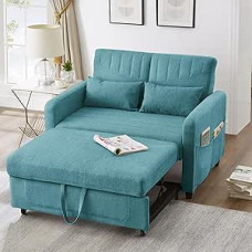 2 vietų sulankstoma sofa su miego funkcija, maža sofa-lova su trijų lygių reguliuojamu atlošu ir pagalvėlėmis (antikvarinė mėlyna/žalia A (medvilninis lininis audinys))