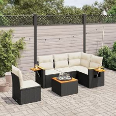 Sofos-lovos komplektas, 6 dalių sodo sofos komplektas su juodomis rotango pagalvėlėmis, sofa-lova, svetainė, sodo sofa, modernus lauko sofos komplektas, lauko baldai zz