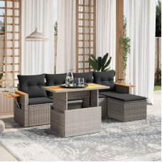 Komplektas Schlafsofa, 6-teiliges Gartensofa-Set mit grauen Kissen aus Polyrattan, Set für Schlafsofa, Wohnzimmer, Gartensofa, modernes Sofaset für den Außenbereich, Möbel