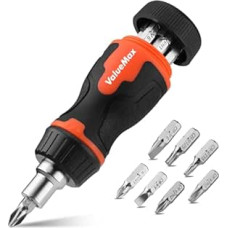 ValueMax Stubby Ratchet Screwdriver with 7 Magnetic Bits (PH1/2/3, T15/25, SL5/6), Short Ratchet Screwdriver with Magnetic Tip, Mini Screwdriver for Tight Spaces
