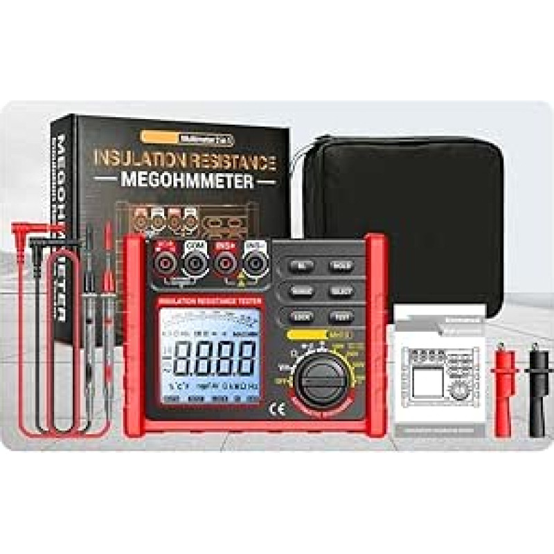 MH15 Digitaler Megohmmeter Isolationswiderstandsprüfer mit 100/250/500/1000 V Testspannungen, 6000 Count-LCD-Display, Datenspeicherung, automatische Abschaltung, für elektrische Geräte und