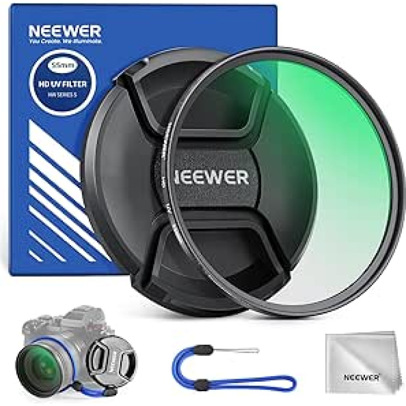 NEEWER 55 mm MC UV apsauginis filtras su objektyvo dangteliu, daugialypės atsparios nanodangos/optinis HD stiklas/vandeniui atsparus/atsparus įbrėžimams/labai plonas aliuminio lydinio rėmelis/ ultravioletinių spindulių filtras