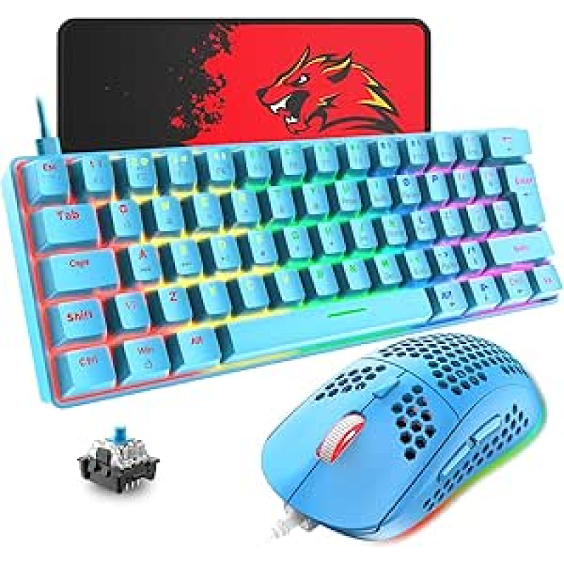 T60 Mini 60% mechaninės klaviatūros pelės rinkinys, kompaktiškas 62 klavišų, C tipo laidinis, 19 ekrano apšvietimo žaidimų klaviatūra + 6400 DPI RGB pelė + pelės kilimėlis, JK išdėstymas, skirtas kompiuteriui, nešiojamajam kompiuteriui, mėlynas/mėlynas ju