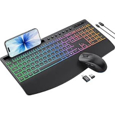 Klaviatūros pelės rinkinys, belaidė apšviečiama, įkraunama klaviatūra su 4000 mAh akumuliatoriumi, telefono laikiklis, tylus rašymas visu dydžiu, 3 DPI pelė, 2,4 GHz USB-A/USB-C, skirta 