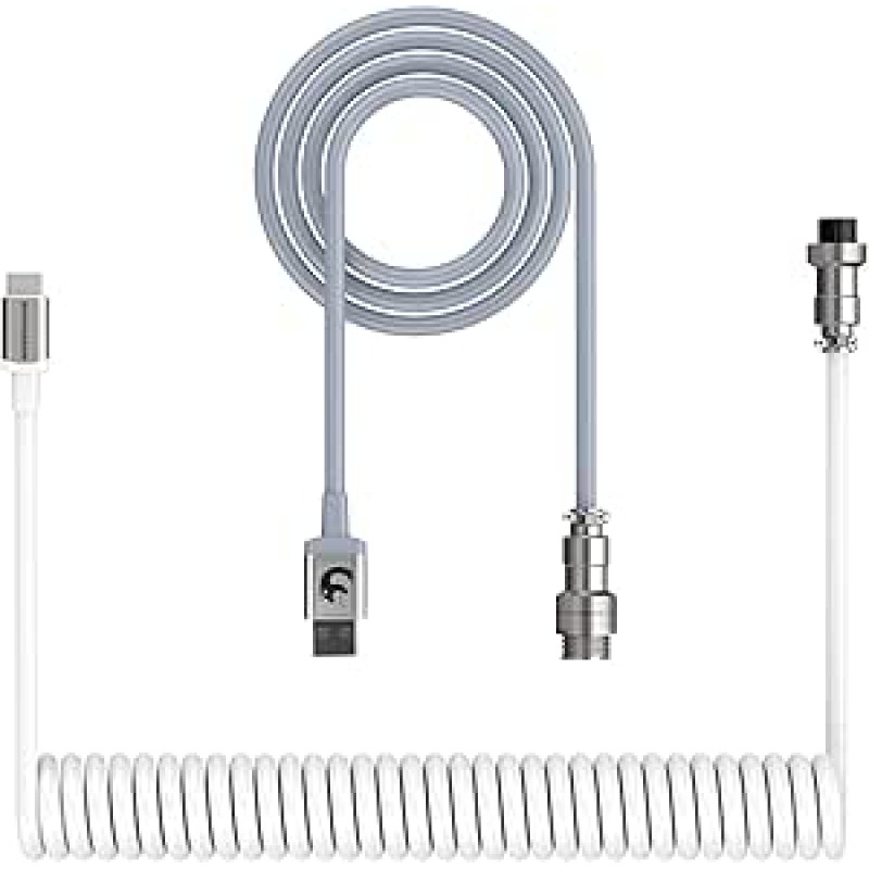 XINMENG Deluxe Custom Coiled USB-C mechaninės klaviatūros kabelis Premium Aviator Coil Spring Braided Paracord Double Sleeved Type C mechaninei žaidimų klaviatūrai PC Mac Laptop (pilka/balta)