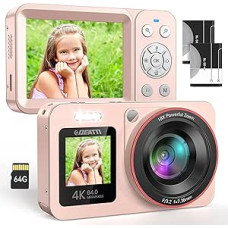 DEATTI 4K skaitmeninis fotoaparatas, FHD 64MP fotokamera su dviem ekranais, 18X automatinio fokusavimo fotoaparatas, skaitmeninis fotoaparatas paaugliams, kompaktiškas fotoaparatas su 64G SD kortele vaikams, suaugusiesiems, vyresniems pradedantiesiems, ro